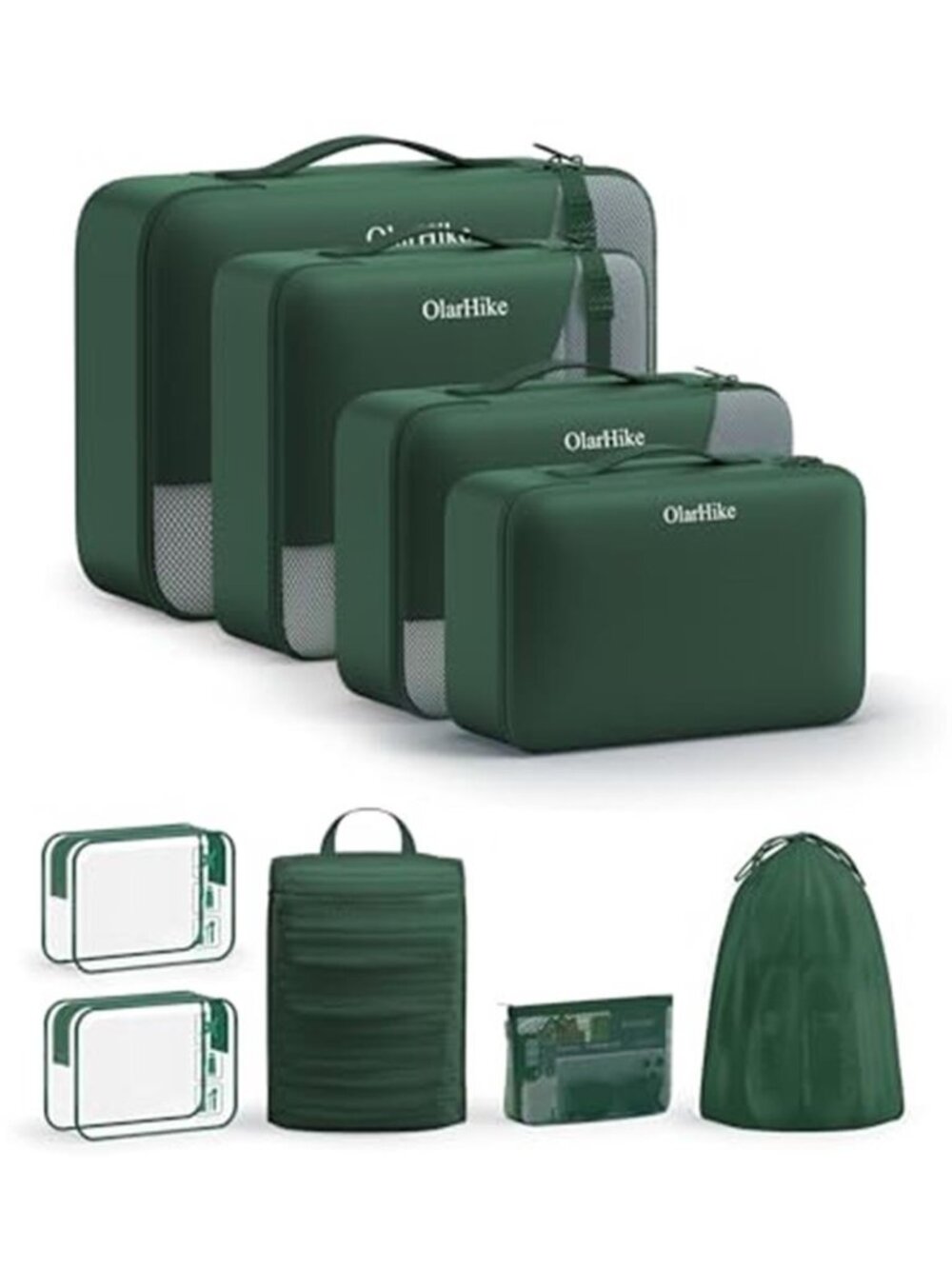 9 Piece Packing Cubes Set Travel Organizer Suitcase Dark Green Luggage Bags
